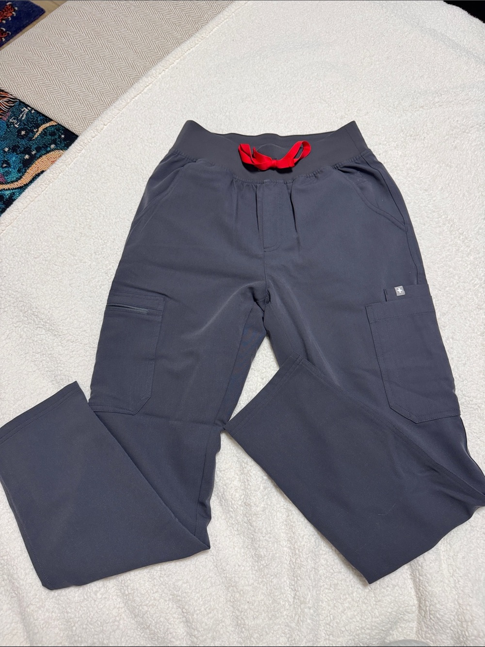Figs High Waisted Yola Charcoal Gray Scrub Pants with Red Drawstring